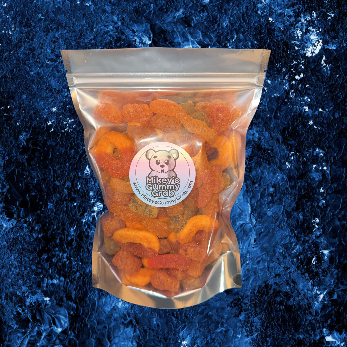 1 LB Chamoy Gummy Mix featuring peach rings, gummy bears, and gummy worms